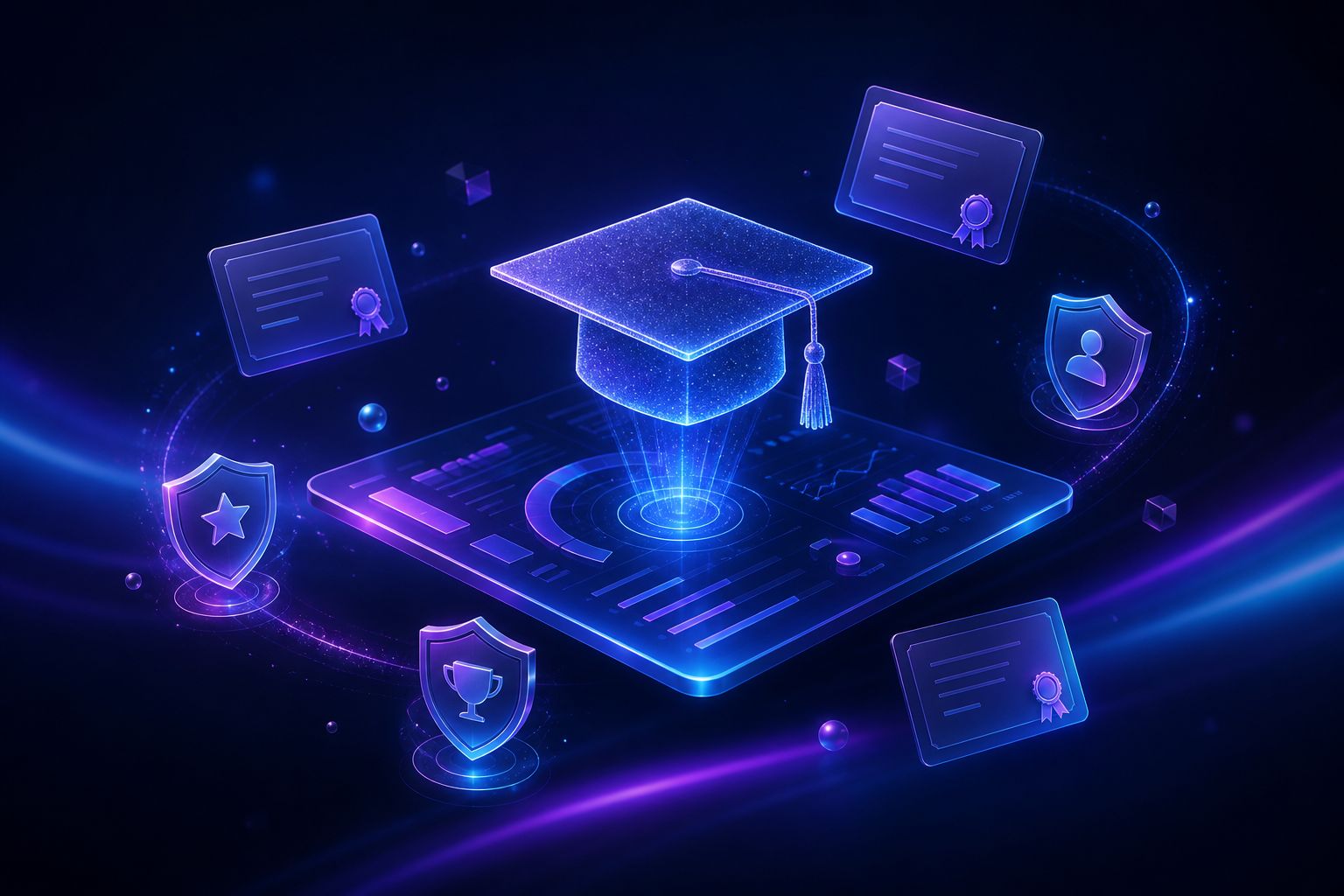 Ilustração digital de um capelo cercado por certificados e selos de validação